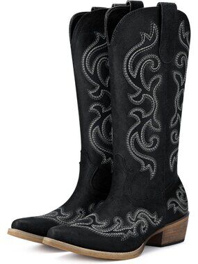 Women's Western Cowgirl Boots Metal Black Chunky Heel Ladies Mid-Calf Boots
